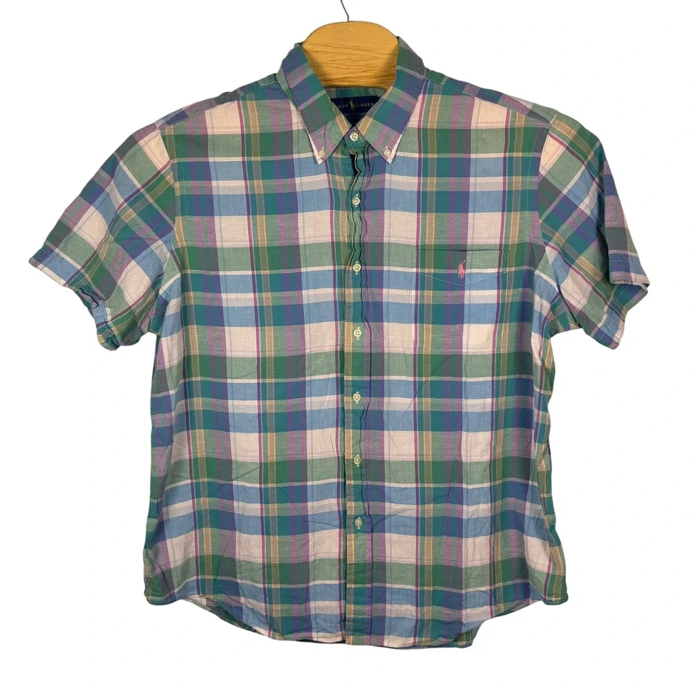 Ralph Lauren Shirt Men XXL Green Plaid Madras Cotton Viscose Short Sleeve Preppy